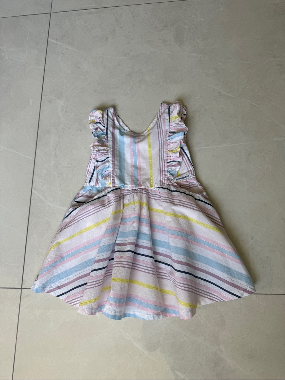 Calvin Klein Jeans Pastel Striped Ruffle Girls Dress — Pink, Yellow, Blue, Navy